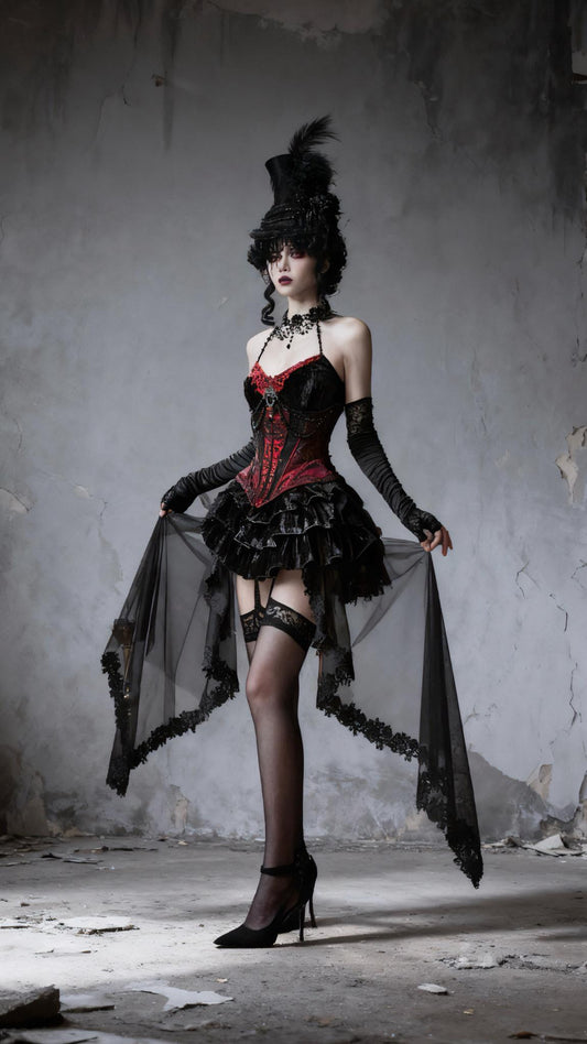 Countess of Dracula Gothic Corset Dress with Choker, Red Velvet Lace Vampire Costume, Victorian Gothic Corset Top & Layered Mesh Skirt