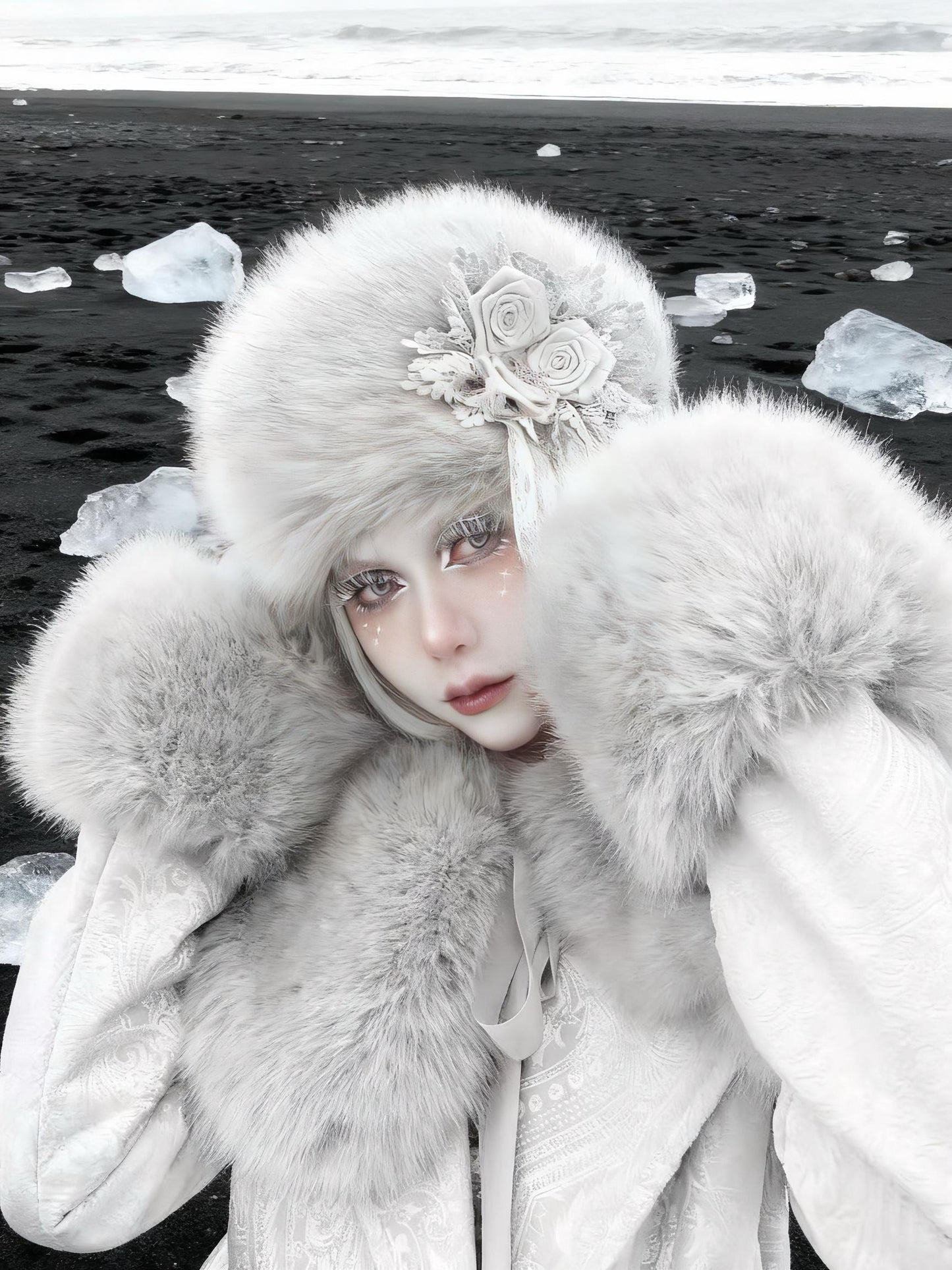 Gothic Faux Fur Winter Hat – Warm Lace Rose Headpiece, Victorian Lolita Cosplay Headdress, Halloween Costume Accessory, gift for cosplayer