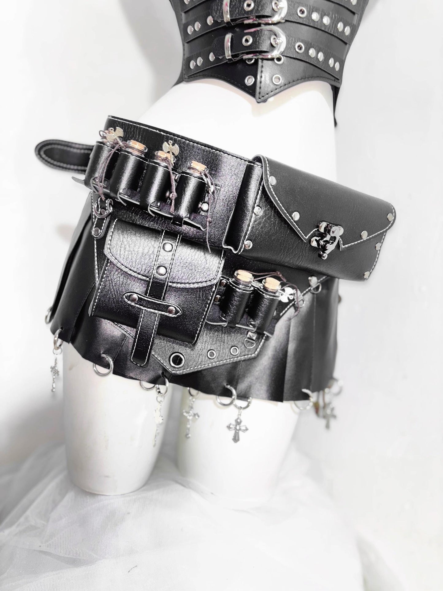 Medieval Bolldborne PU Leather Gothic Costume: Sheer Top, Corset Belt & Skirt with Potion Bottle Pockets, Fantasy Cosplay Halloween Outfit