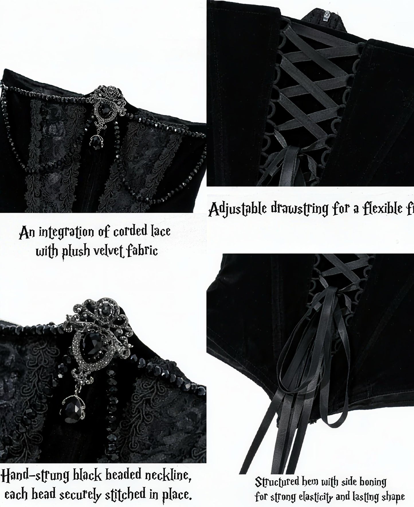 Midnight Empress Gothic 4-Piece Set | Victorian Vampire Corset Dress with Lace Top, Boned Waist Cincher, Hoop Skirt & Bustle Underskirt