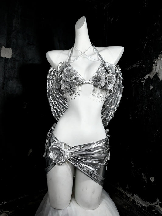Silver Angel Rave Outfit – 3 Piece Set with Wings, Metallic Bra Skirt & Panties, Fairy Cosplay Festival Costume, Y3K, Ravewear, Burningman.