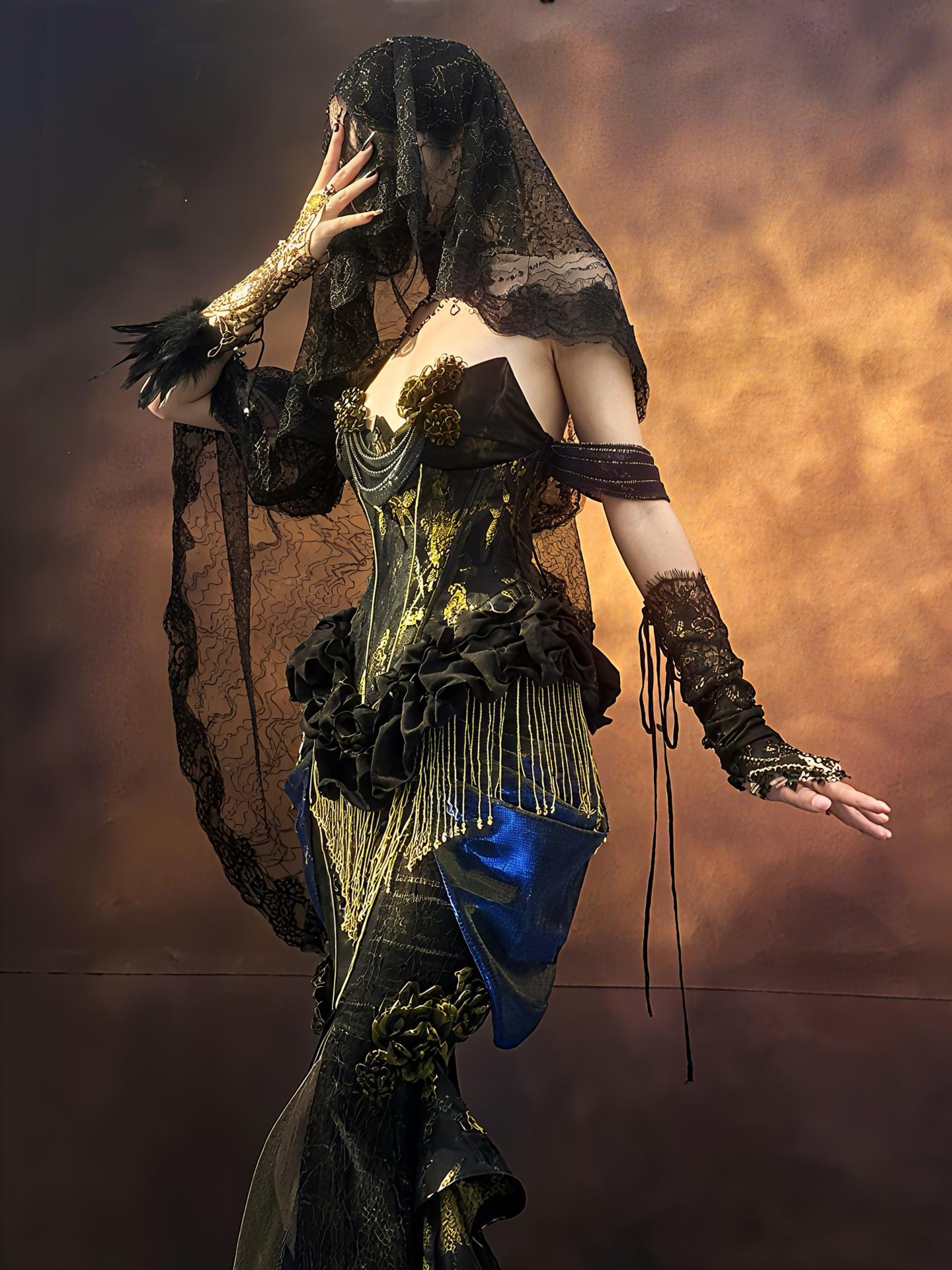 Golden Time Gothic Corset Dress, Baroque Gold Renaissance Gown, Victorian Masquerade Costume, Dark Romance Party Outfit, Retro Queen