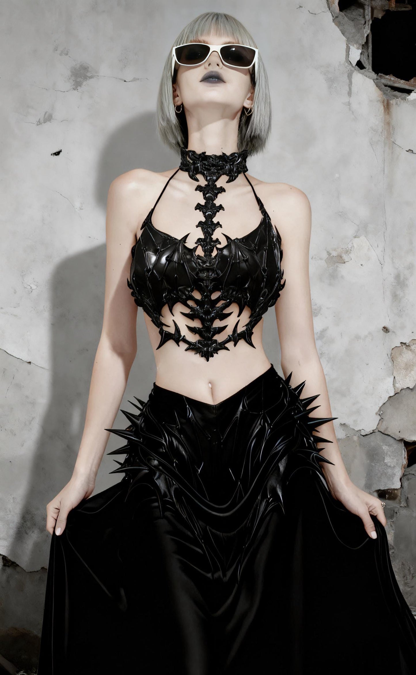 Dark Fantasy Gothic Spine Corset Costume 3D Printed Bat Wing Armor Top, Skeleton Chest Sculpture, Wearable Art Body Armo for Cosplay