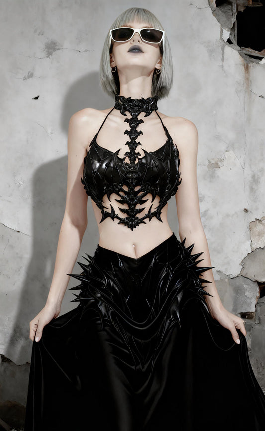 Dark Fantasy Gothic Spine Corset Costume 3D Printed Bat Wing Armor Top, Skeleton Chest Sculpture, Wearable Art Body Armo for Cosplay