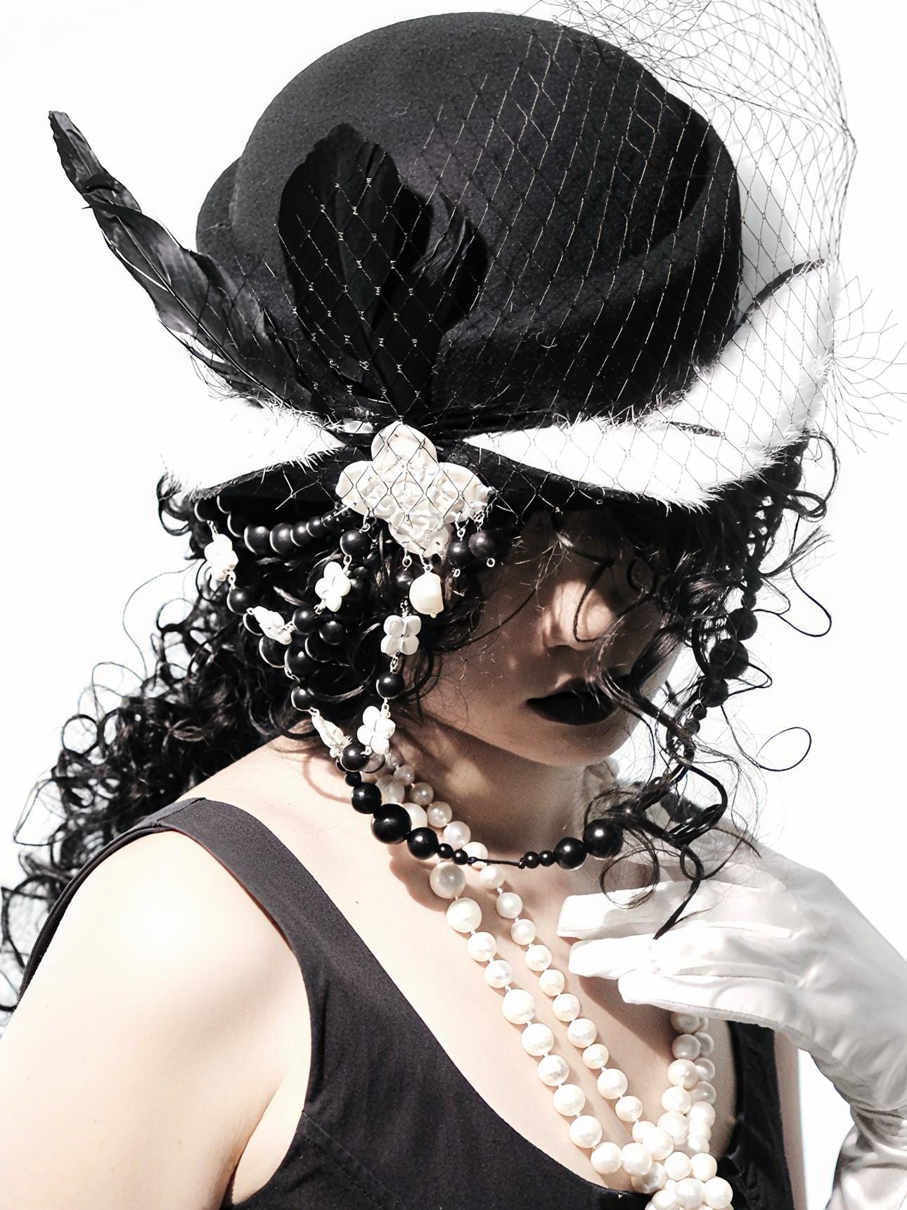 Gothic Wool Veil Hat Fascinator, Ceramic Flower, Feathers, Beaded Drape, Chrisman Victorian Dark Couture - Gothic Wool Veil Hat Fascinator, Ceramic Flower, Feathers, Beaded Drape, Chrisman Victorian Dark Couture - Dorothy