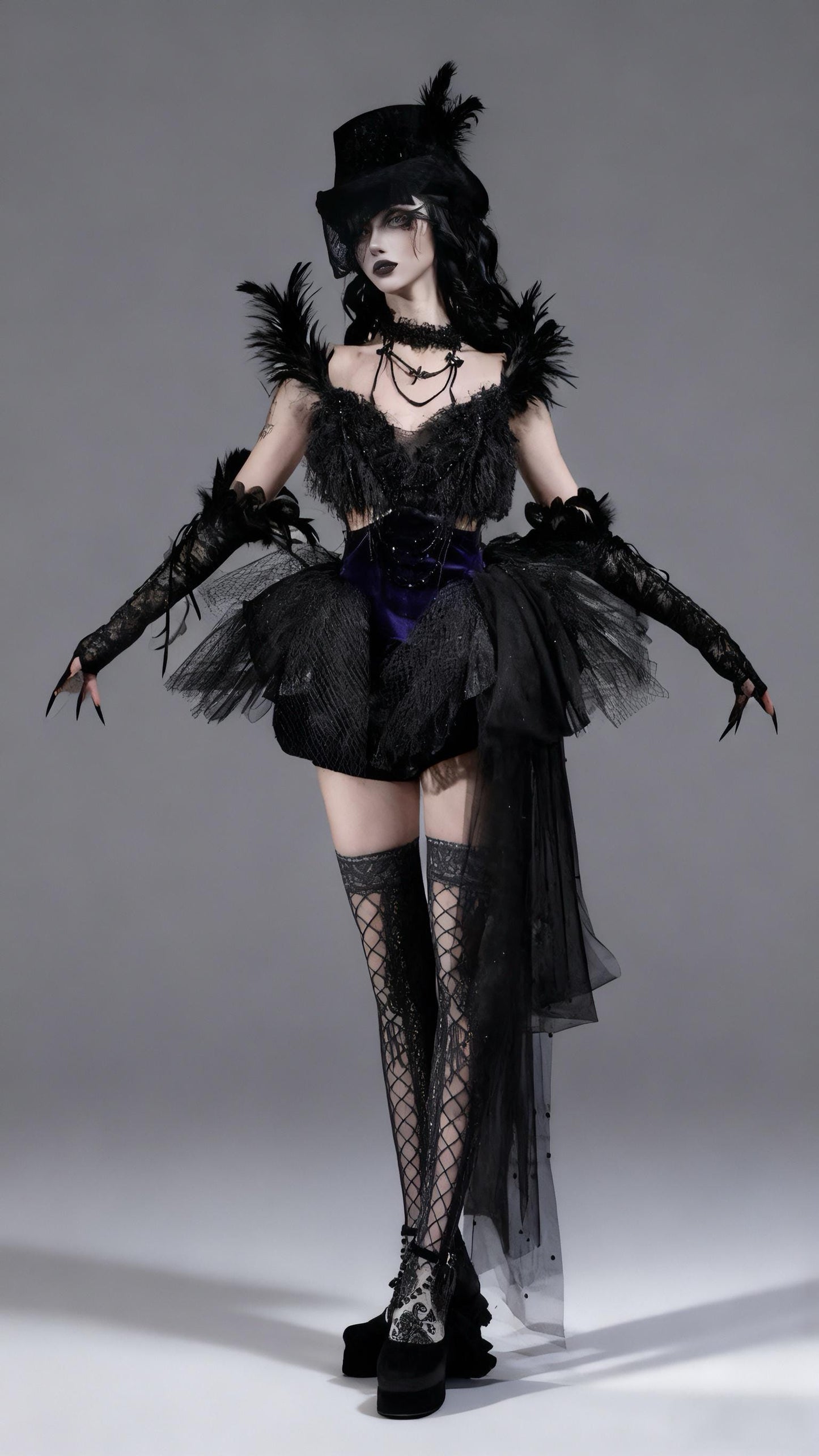 Dark Swan Gothic Feather Tutu Corset Dress with Detachable Beaded Necklace, Black Feather Ballet Dress, Couture Mini Dress