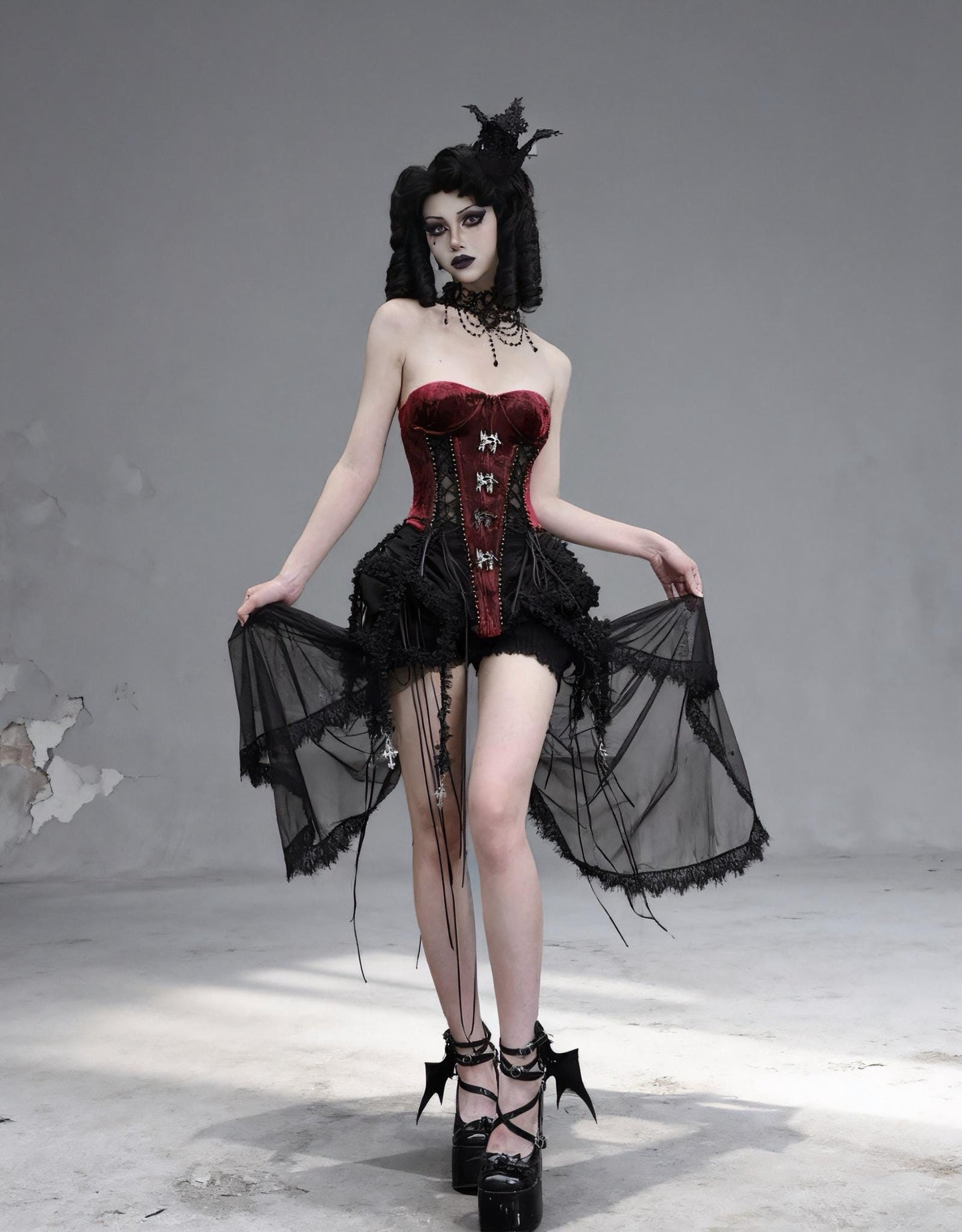 Xmas Countess Gothic Corset 3 Pieces Set, Red Velvet and Black Lace Cage Skirt, Medieval Gothic Bustier with Cross Charms & Baroque Hooks