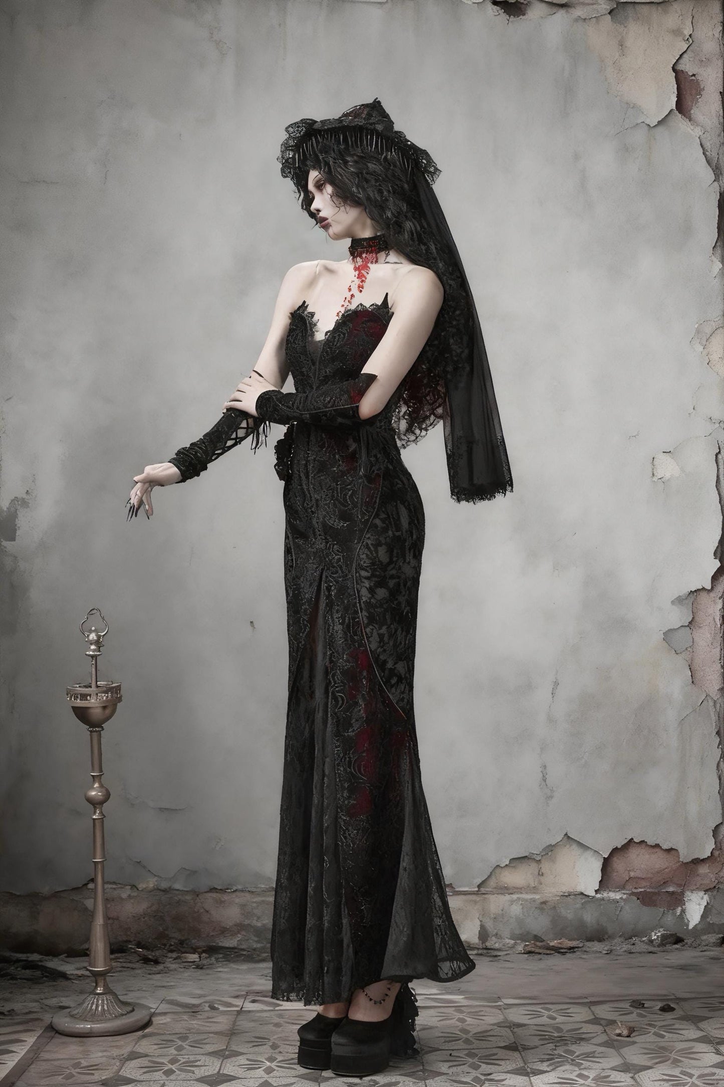 Scarlet Witch Gothic Mermaid Dress | Black Velvet Corset Gown, Dark Red Lace Evening Dress, Holiday Vampire Ball Outfit