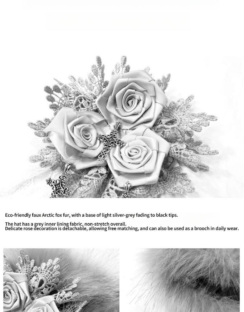 Gothic Faux Fur Winter Hat – Warm Lace Rose Headpiece, Victorian Lolita Cosplay Headdress, Halloween Costume Accessory, gift for cosplayer