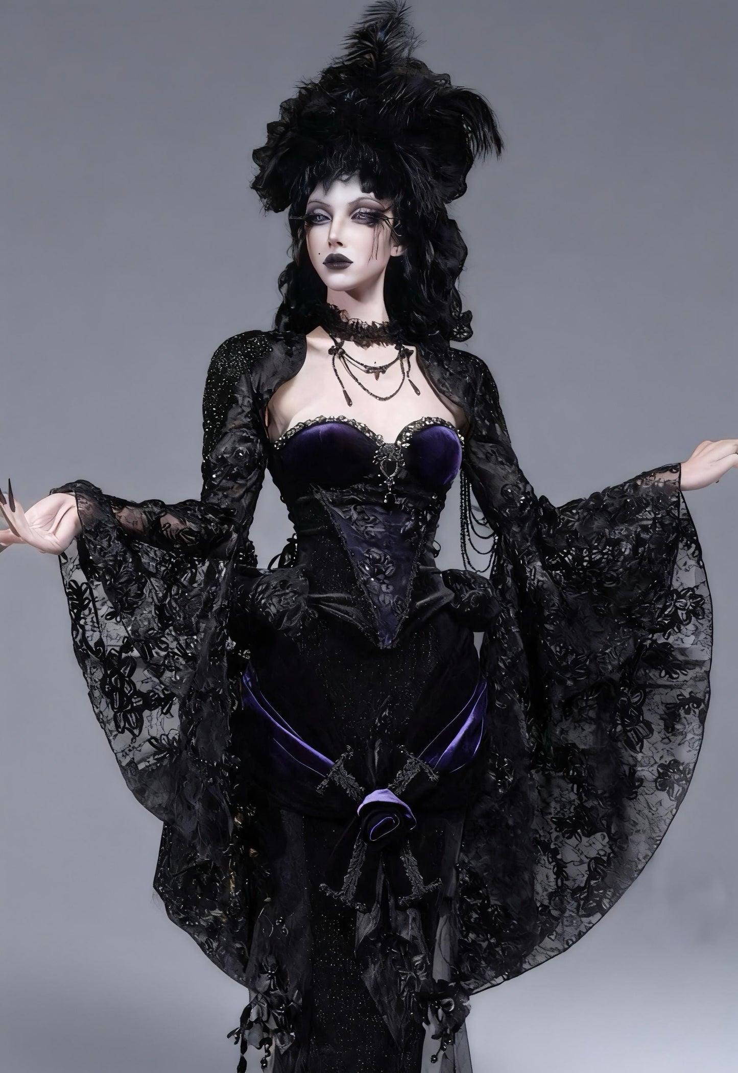 Dark Oracle Lace Bolero, Gothic Bell-Sleeve Shrug, Beaded Embroidered Capelet, Victorian Vampire Shawl, Christmas & New Year Party Cover-Up