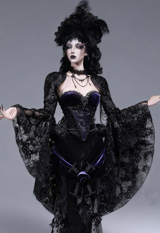 Dark Oracle Lace Bolero, Gothic Bell-Sleeve Shrug, Beaded Embroidered Capelet, Victorian Vampire Shawl, Christmas & New Year Party Cover-Up