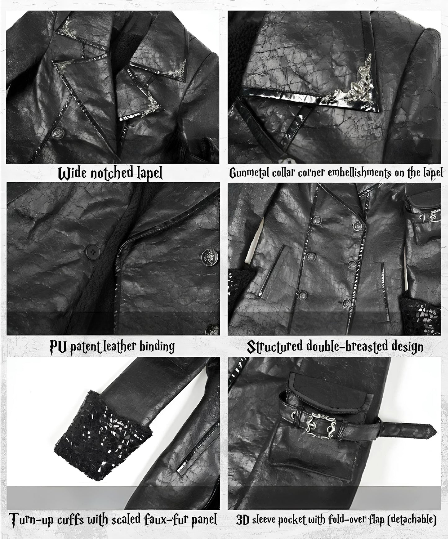 Gothic Black Trench Coat | Double Breasted Vegan Leather Overcoat with Fleece Lining, Steampunk Witch Outerwear, Punk Coat