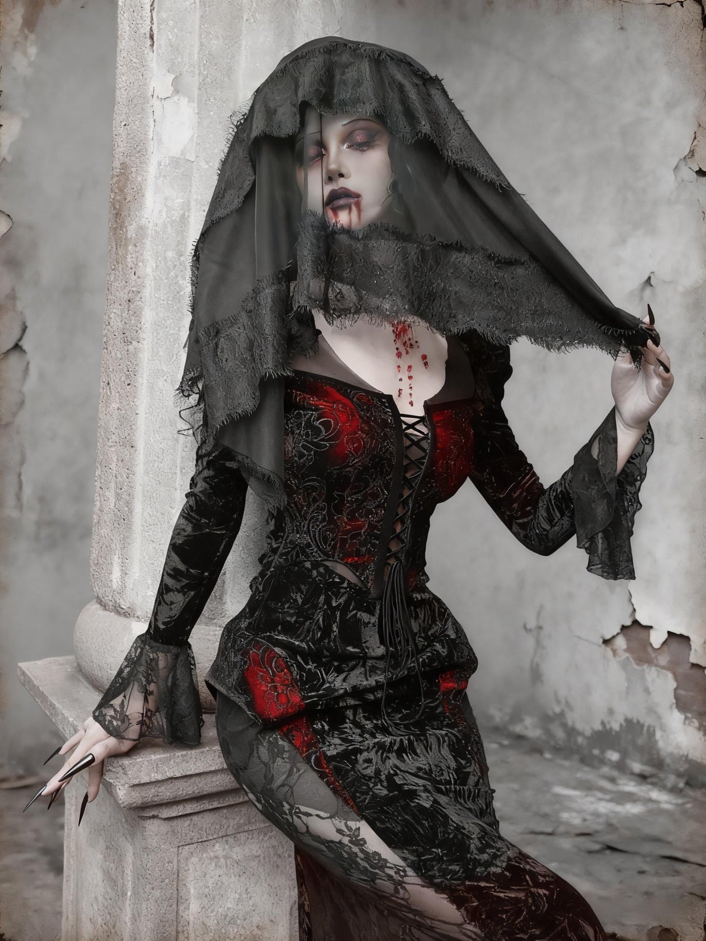 Scarlet Witch Gothic Mermaid Dress – Red Velvet Lace Vampire Gown, Dark Romance Corset Maxi Dress, Holiday Masquerade Outfit, Gift for her