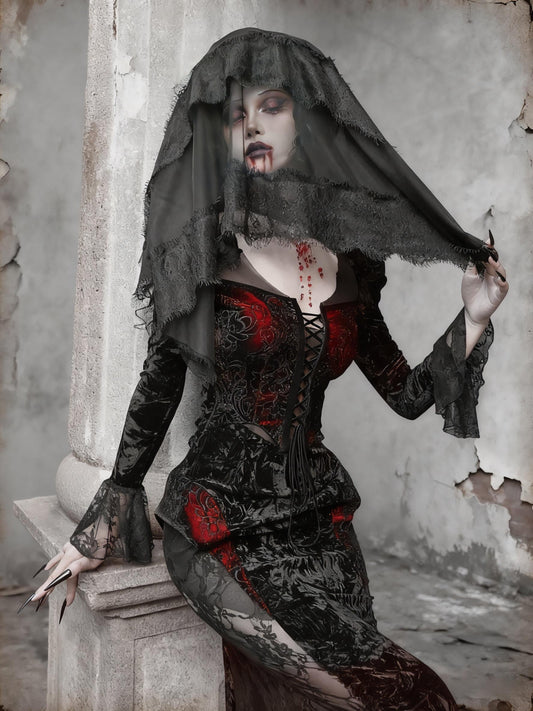 Scarlet Witch Gothic Mermaid Dress – Red Velvet Lace Vampire Gown, Dark Romance Corset Maxi Dress, Holiday Masquerade Outfit, Gift for her