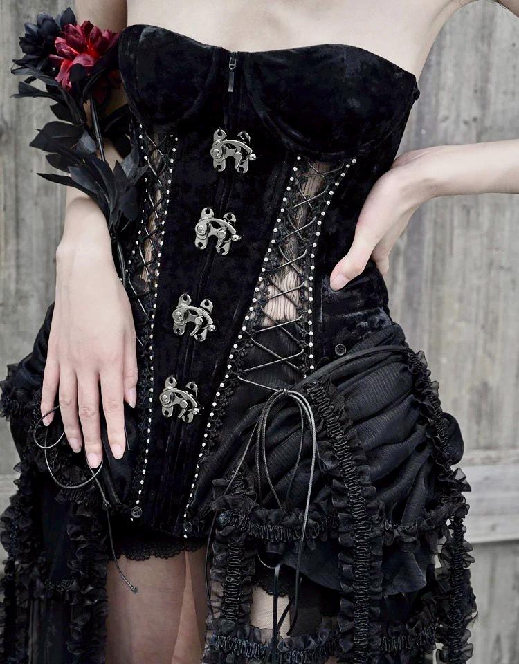 Hell Alice Gothic Corset 3 Pieces Set – Medieval Dark Angel Cage Skirt Burlesque Party Costume, Gift for Cosplayer, The Black Countess, Xmas