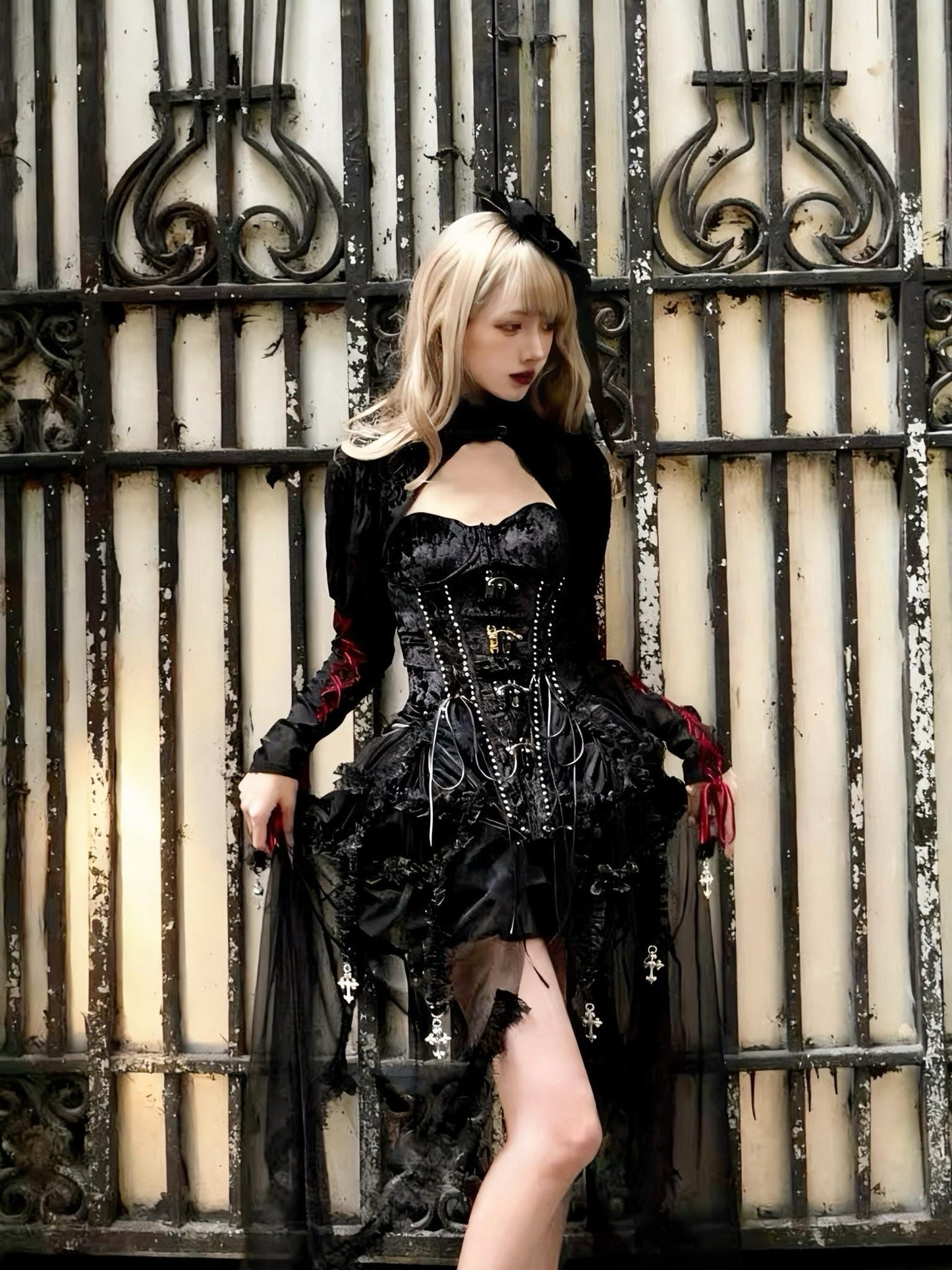 Hell Alice Gothic Corset 3 Pieces Set – Medieval Dark Angel Cage Skirt Burlesque Party Costume, Gift for Cosplayer, The Black Countess, Xmas