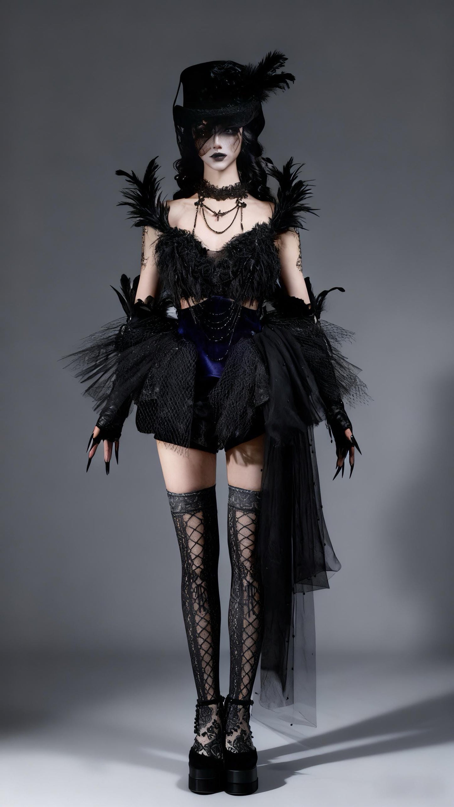 Dark Swan Gothic Feather Tutu Corset Dress with Detachable Beaded Necklace, Black Feather Ballet Dress, Couture Mini Dress