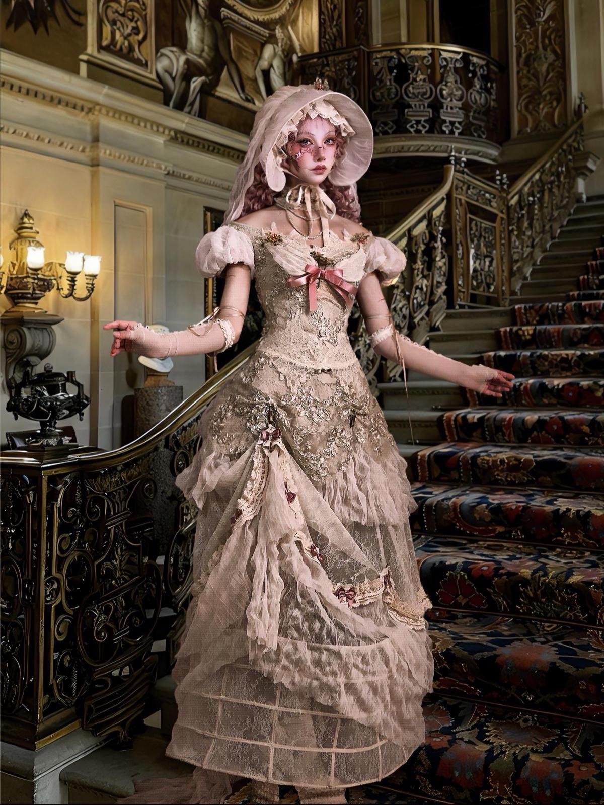 Baroque Blush Garden Lace Ball Gown with Bustle | Rococo Beige Pink Dress, Victorian Christmas Outfit, New Year Gala Historical Gown