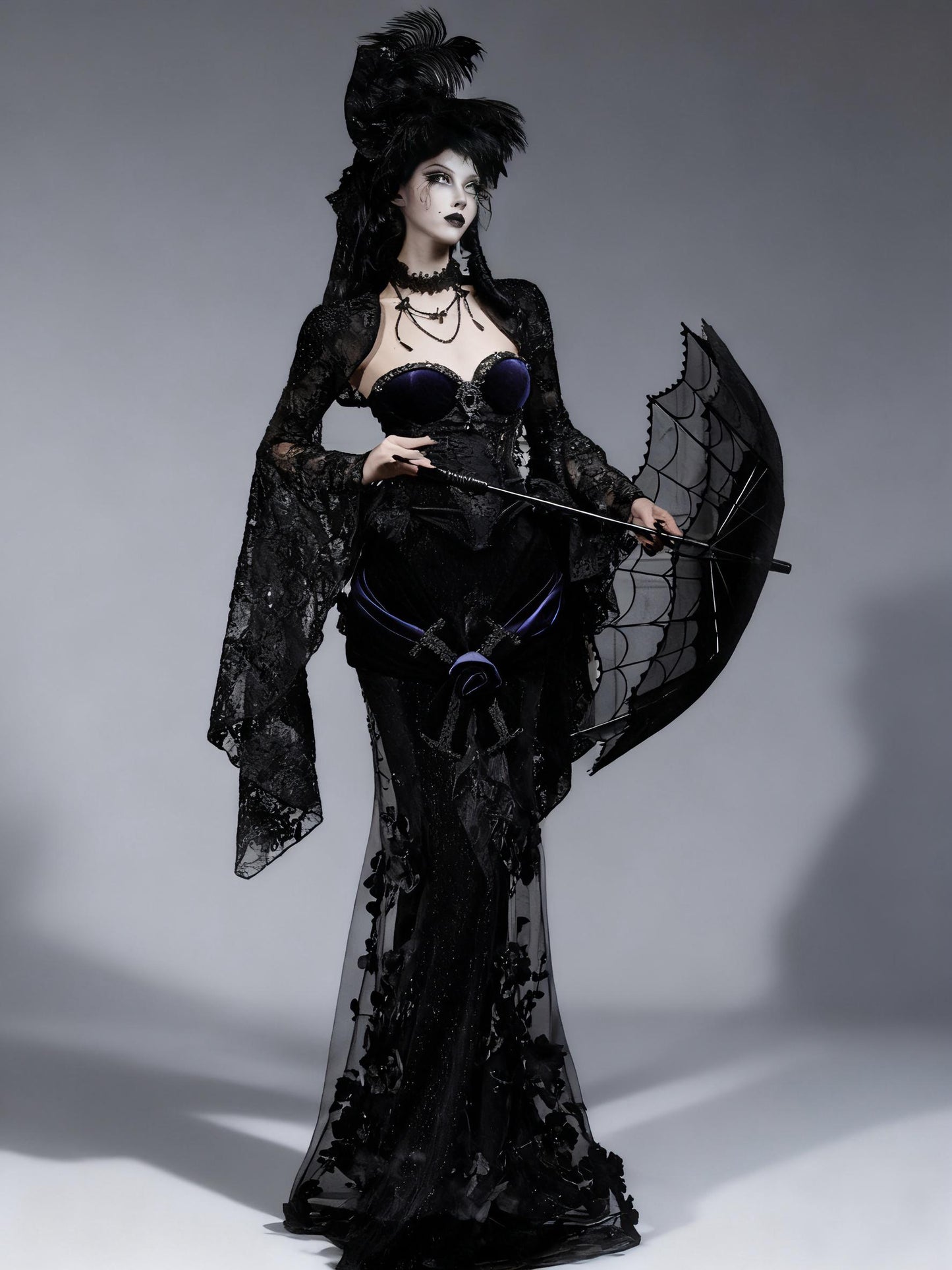 Nocturnal Siren Gothic Two-Piece Set | Velvet Corset & Embroidered Mermaid Skirt, Dark Romance Victorian Outfit, Holiday Gothic Ball Gown