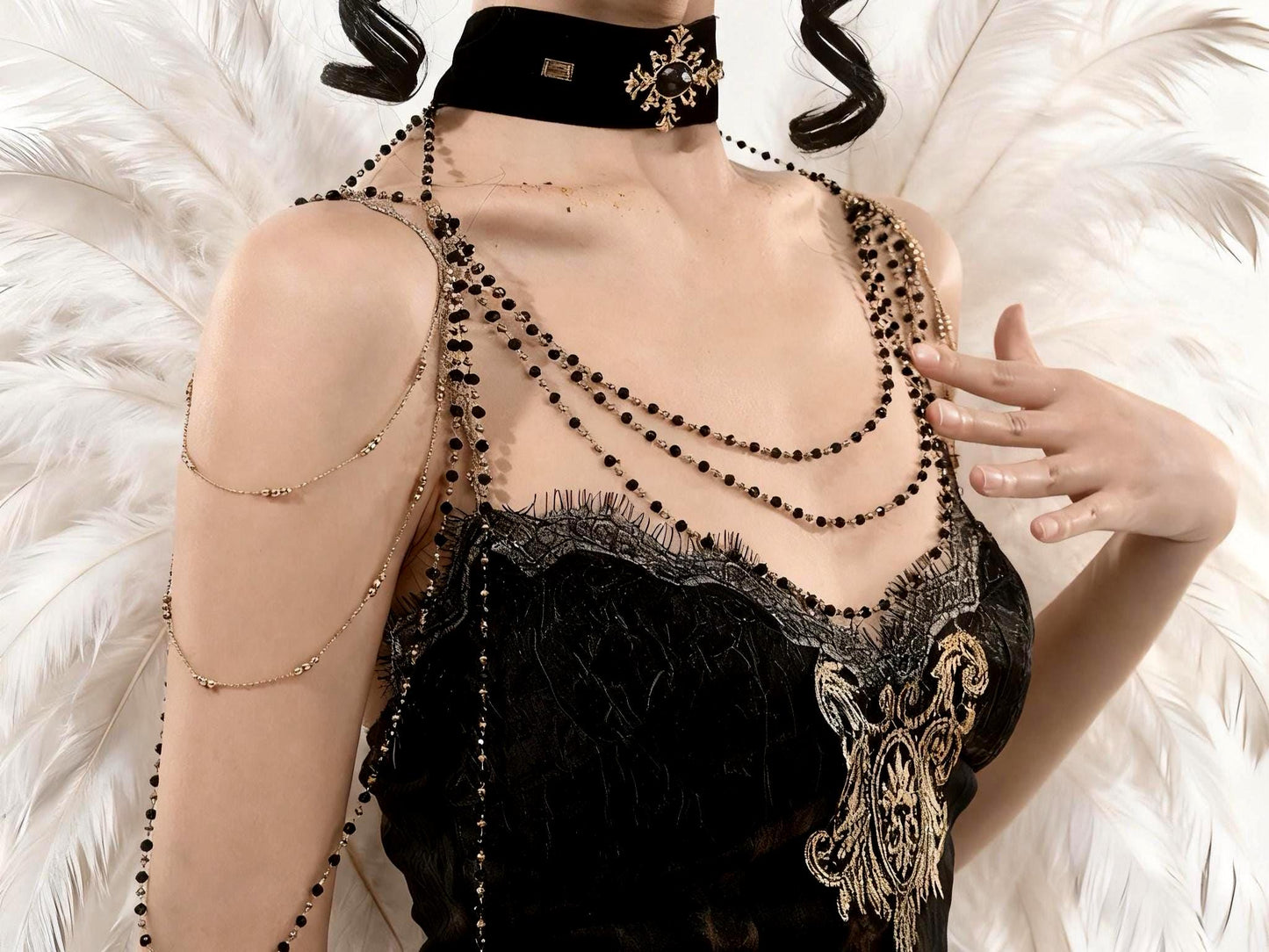 Gothic Velvet Choker with Beaded Shoulder Chains – Multi-Layer Crystal Draped Necklace, Baroque Victorian Statement Jewelry