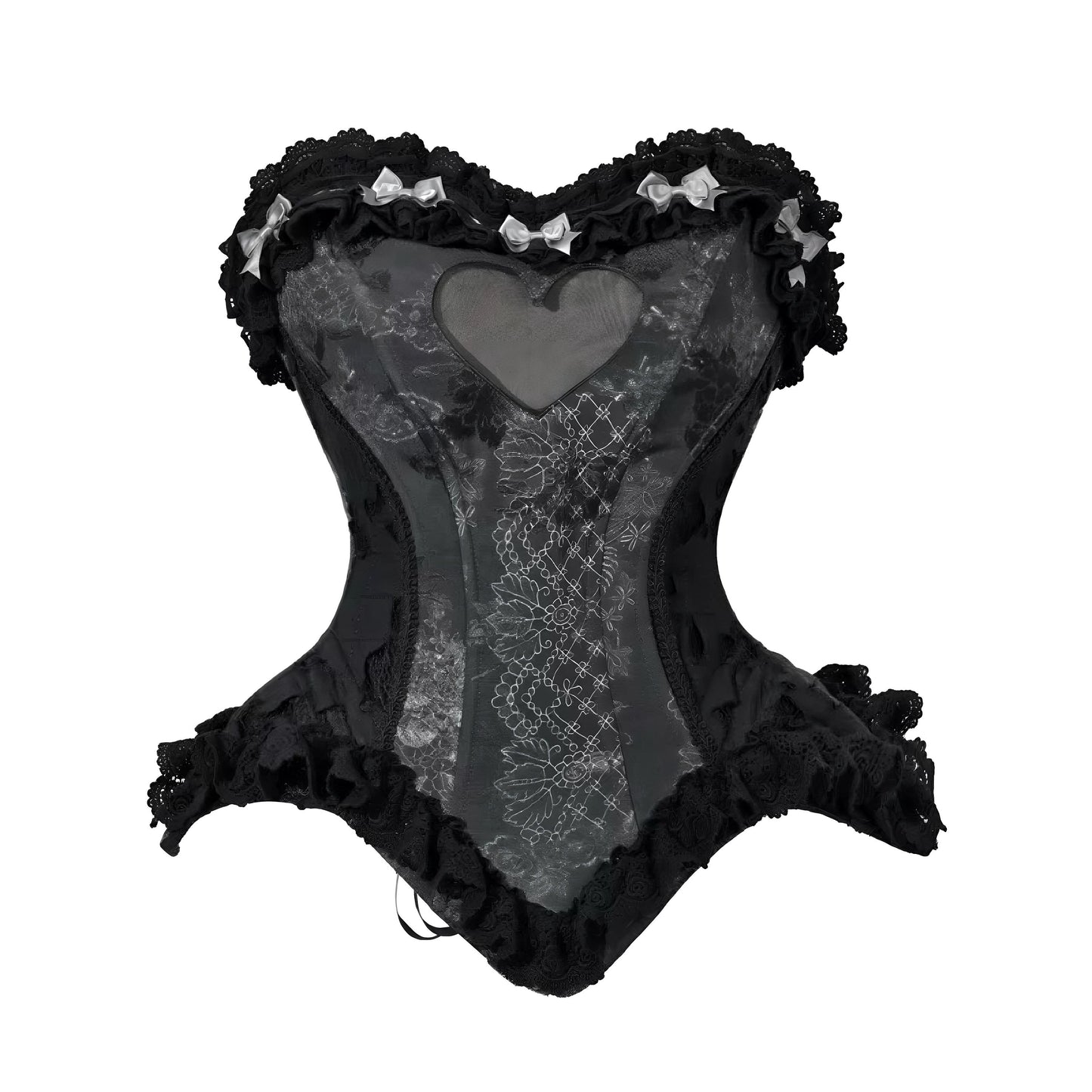Gothic Black Heart Corset Top – Sheer Mesh Bustier with Jacquard Fabric & Cotton Lace Trim Dark Romantic Lace Up Corset, Gift for Cosplayer