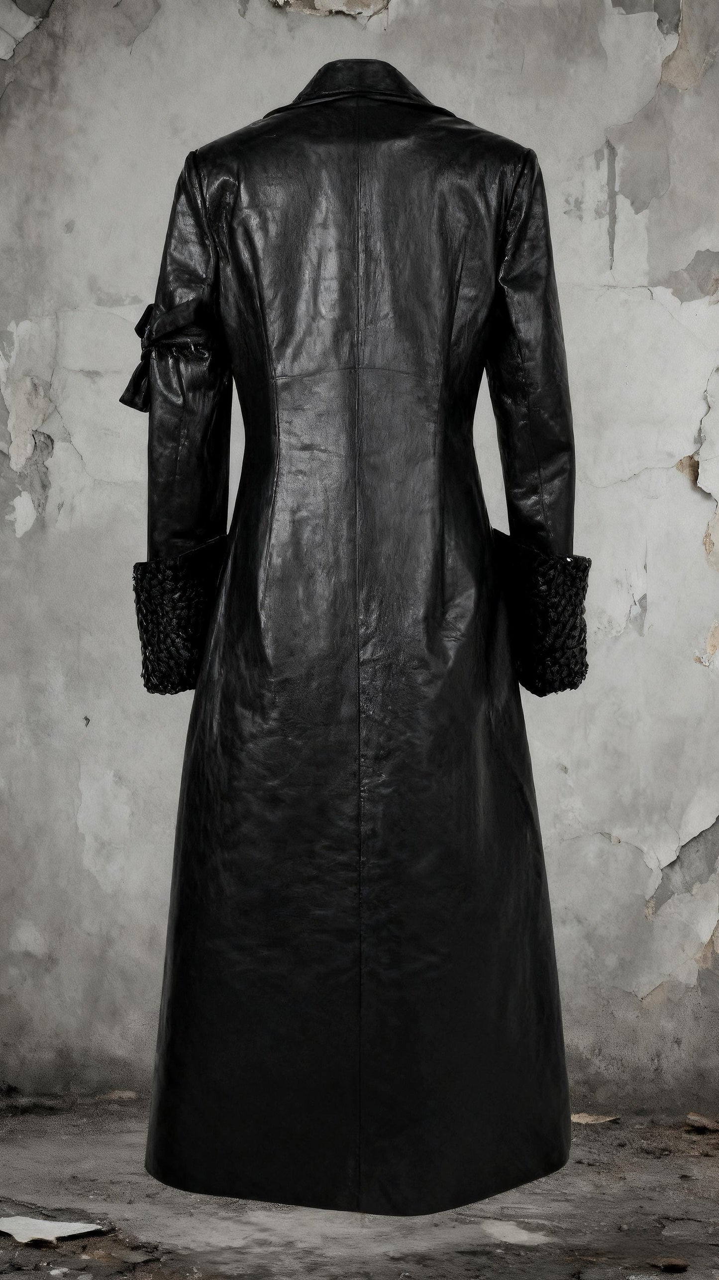 Gothic Black Trench Coat | Double Breasted Vegan Leather Overcoat with Fleece Lining, Steampunk Witch Outerwear, Punk Coat