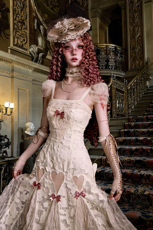 Venetian Valentine Lace Dress | Romantic Rococo Heart Cutout Gown, Vintage Beige Pink Tulle Dress, Fairy Balletcore Party Outfit