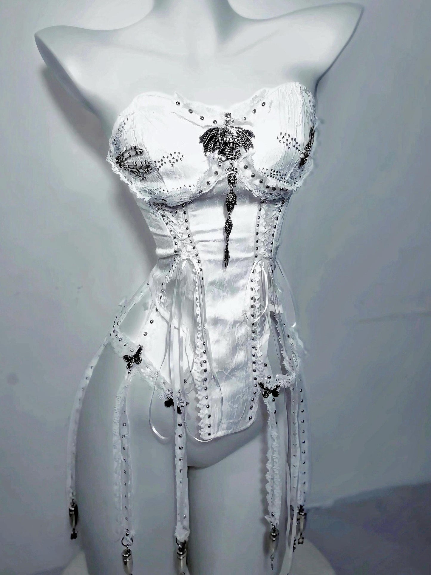 White Gothic Corset: Skull & Butterfly Bustier with Silver Chains, Dark Bride Halloween Costume, Xmas angel Cosplay Outfit
