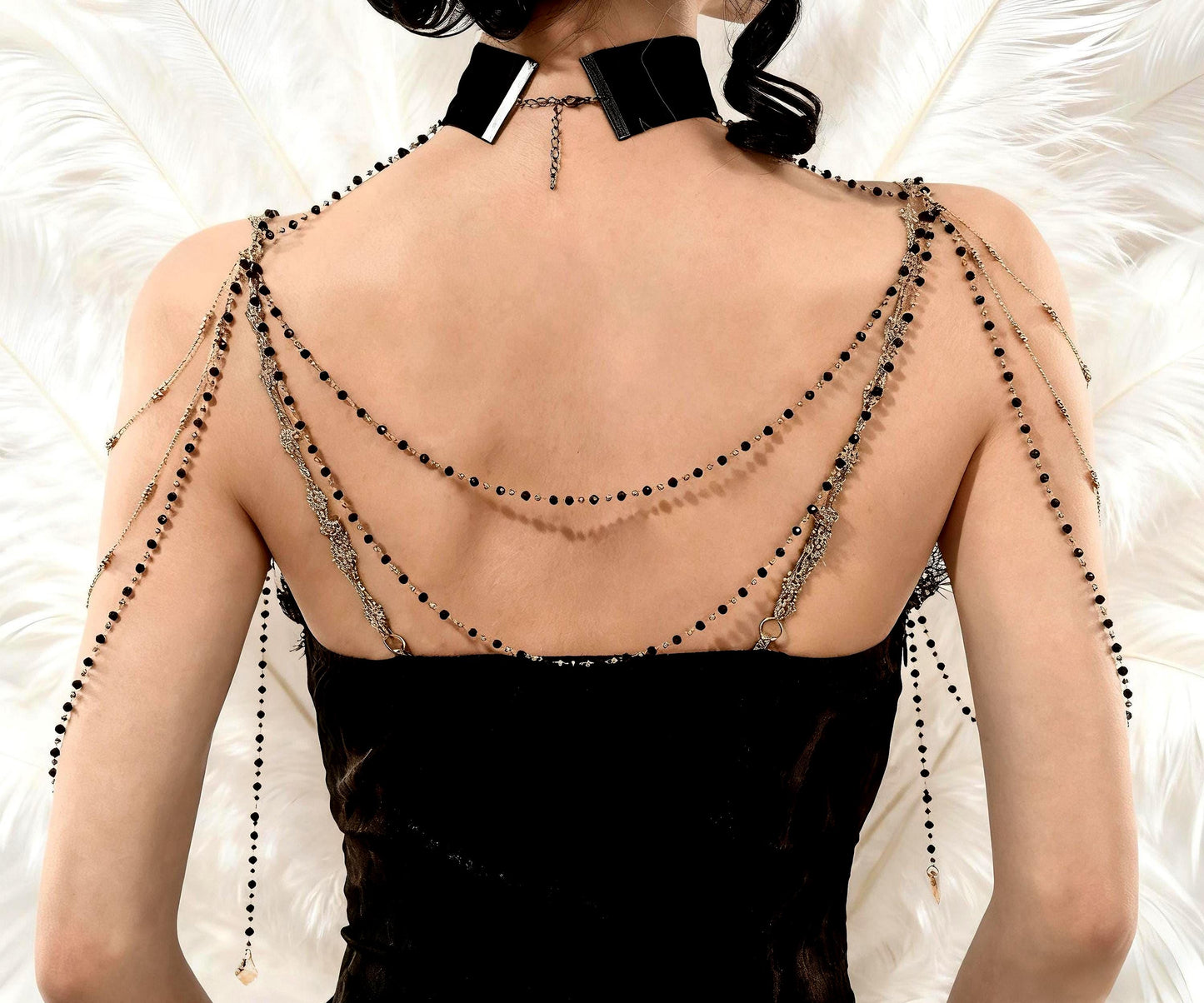 Gothic Velvet Choker with Beaded Shoulder Chains – Multi-Layer Crystal Draped Necklace, Baroque Victorian Statement Jewelry