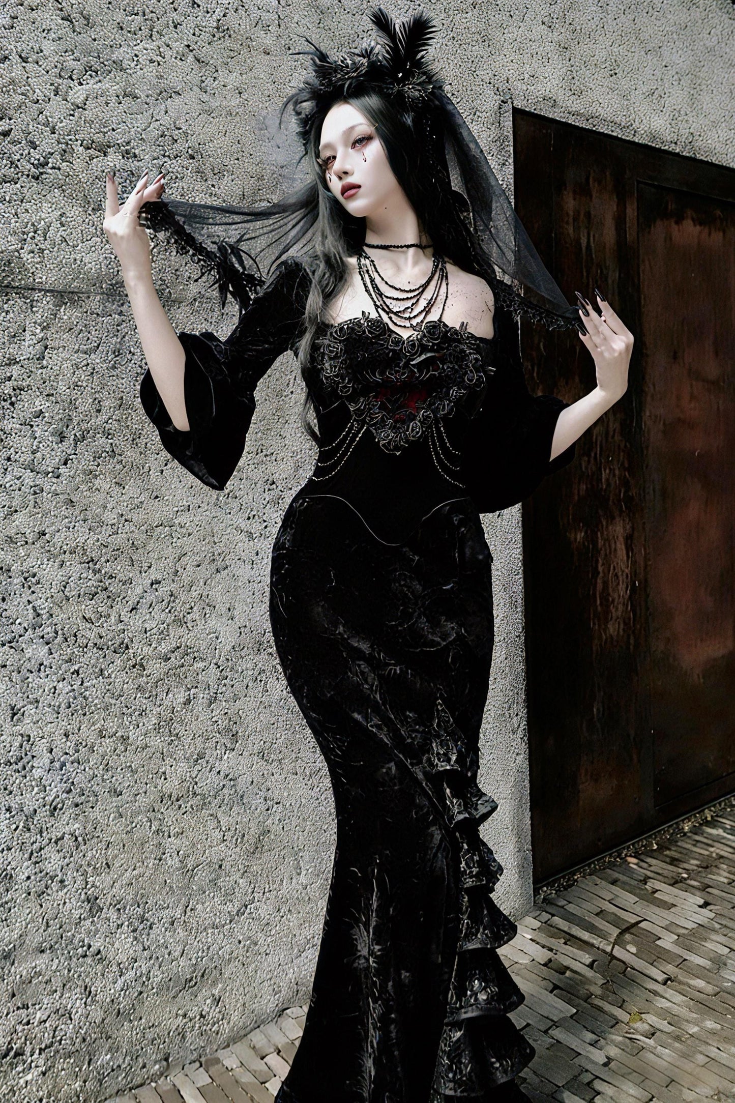 Crimson Duchess Gothic Velvet Dress | Baroque Gothic Evening Dress, Victorian Mermaid Dress, Gothic Christmas & New Year Ball
