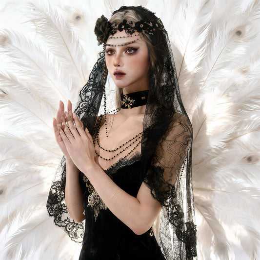 Eclipsed Saint Veil – Gothic Black Lace Veil & Beaded Headpiece Set, Vampire Bride Headdress, Dark Wedding Shawl, Witch Nun Costume