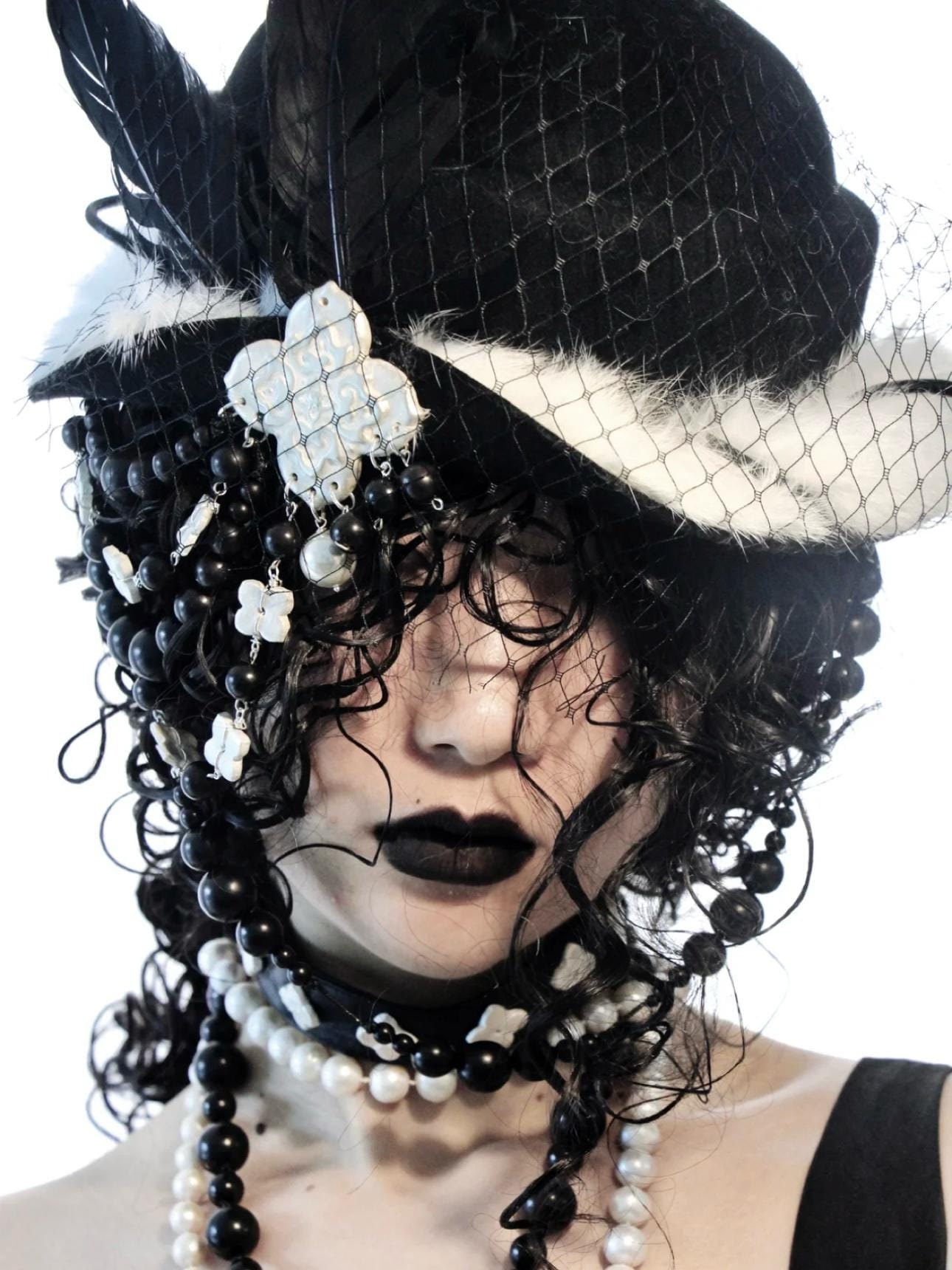 Gothic Wool Veil Hat Fascinator, Ceramic Flower, Feathers, Beaded Drape, Chrisman Victorian Dark Couture - Gothic Wool Veil Hat Fascinator, Ceramic Flower, Feathers, Beaded Drape, Chrisman Victorian Dark Couture - Dorothy