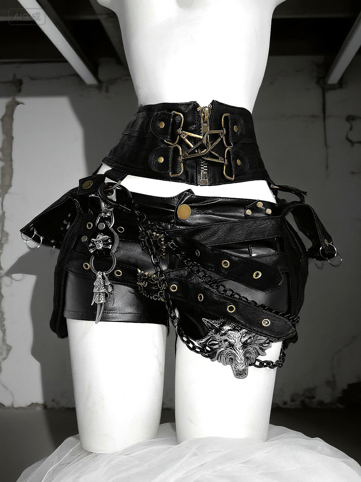 Channel Your Inner Rebel with Wolf & Skull Details-Gothic Punk Vegan Leather Shorts , Halloween Cosplay Festival Outfit,Halloween Costume