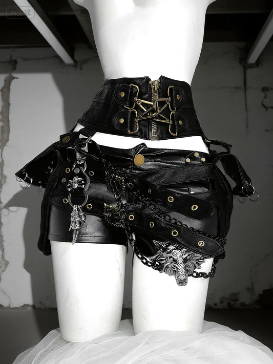 Channel Your Inner Rebel with Wolf & Skull Details-Gothic Punk Vegan Leather Shorts , Halloween Cosplay Festival Outfit,Halloween Costume