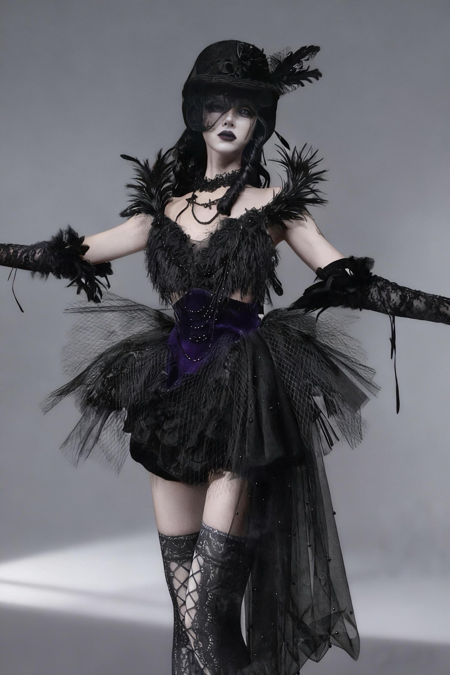 Dark Swan Gothic Feather Tutu Corset Dress with Detachable Beaded Necklace, Black Feather Ballet Dress, Couture Mini Dress