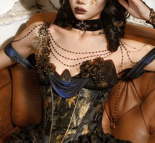 Gothic Velvet Choker with Beaded Shoulder Chains – Multi-Layer Crystal Draped Necklace, Baroque Victorian Statement Jewelry