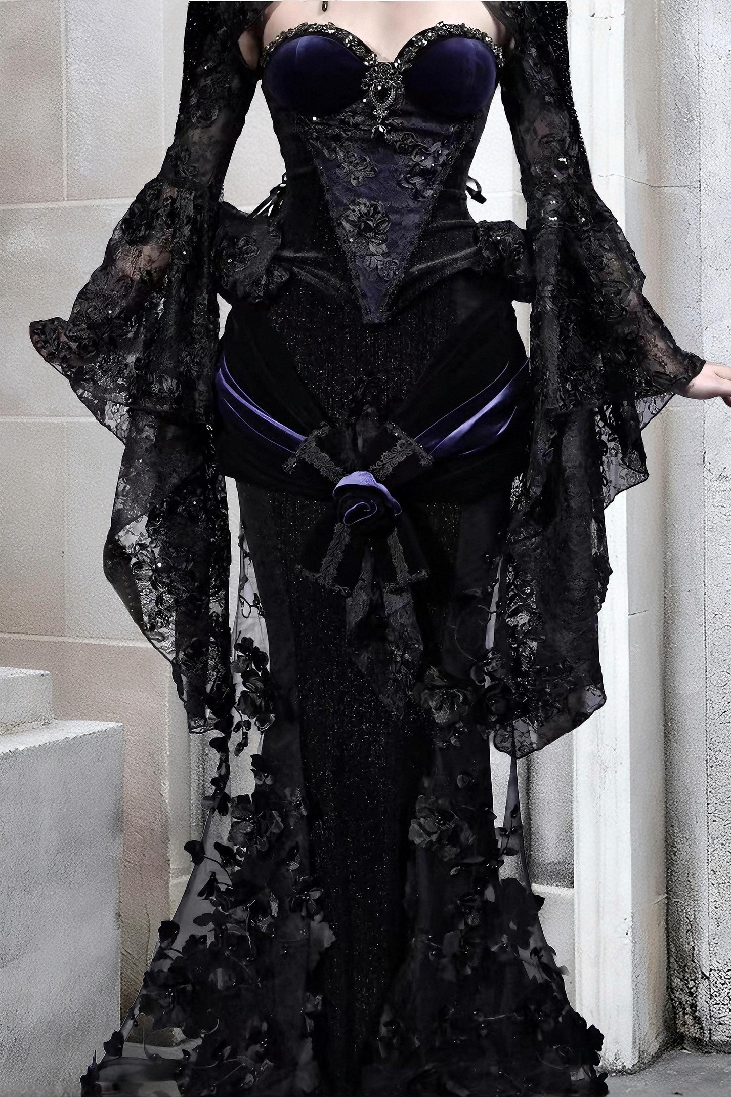 Nocturnal Siren Gothic Two-Piece Set | Velvet Corset & Embroidered Mermaid Skirt, Dark Romance Victorian Outfit, Holiday Gothic Ball Gown