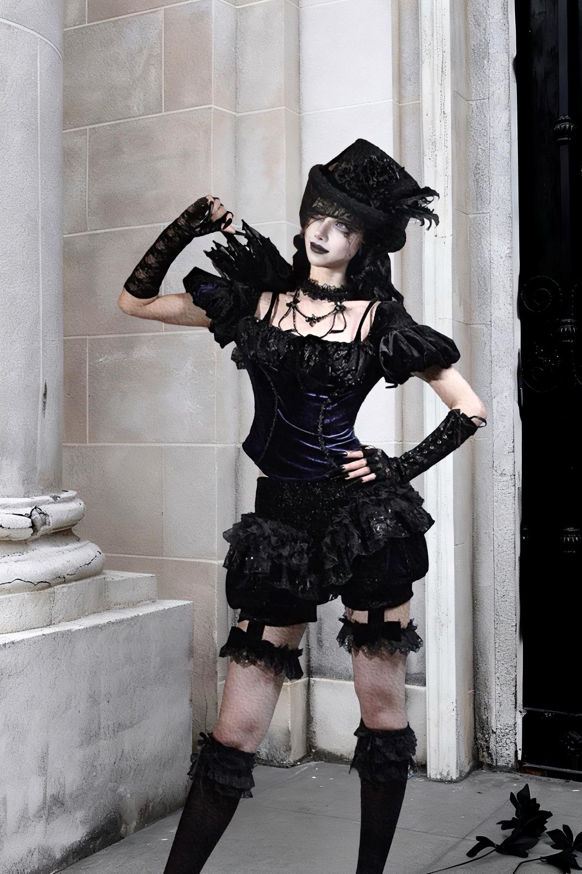 Nocturne Ruffle Bloomers | Gothic Lace Shorts with Detachable Garters, Victorian Baroque Ruffled Lingerie, Dark Romantic Outfit