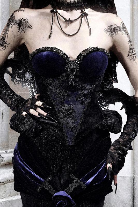 Nocturnal Siren Gothic Two-Piece Set | Velvet Corset & Embroidered Mermaid Skirt, Dark Romance Victorian Outfit, Holiday Gothic Ball Gown