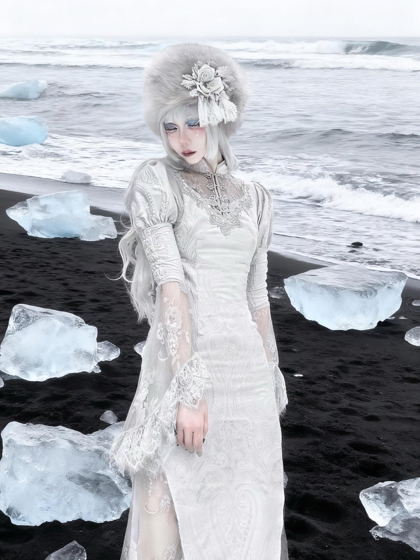 Gothic Faux Fur Winter Hat – Warm Lace Rose Headpiece, Victorian Lolita Cosplay Headdress, Halloween Costume Accessory, gift for cosplayer