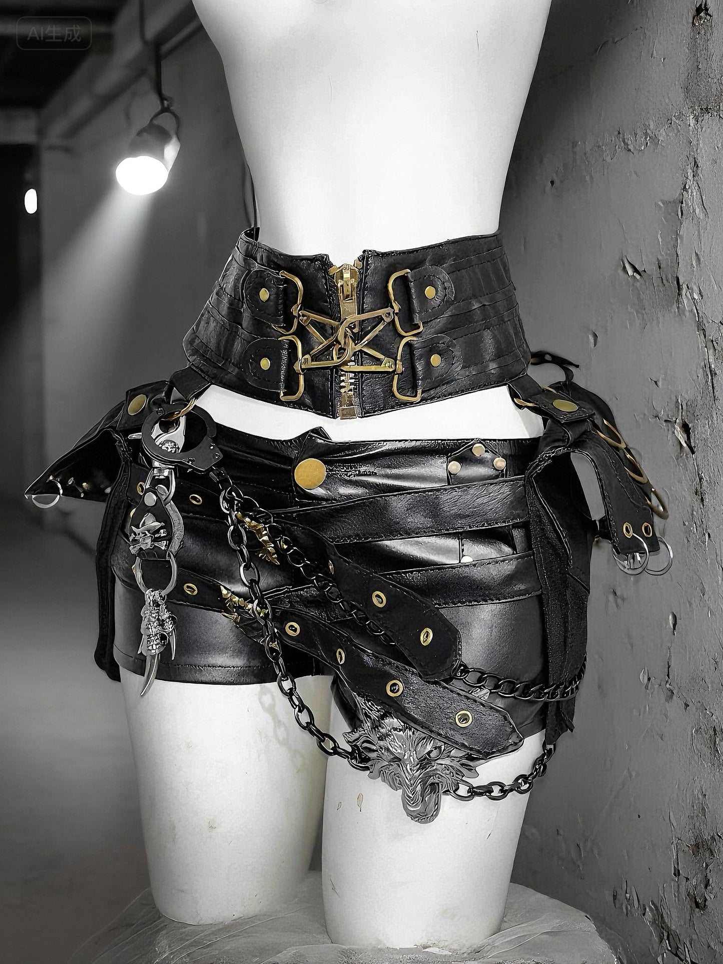 Channel Your Inner Rebel with Wolf & Skull Details-Gothic Punk Vegan Leather Shorts , Halloween Cosplay Festival Outfit,Halloween Costume