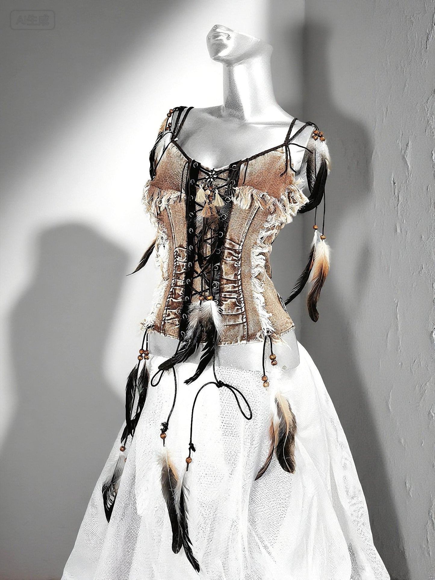 Wild Huntress Feather Costume, Denim & Feathers Ritual Costume, Earth Spirit Feather Corset and Skirts, Warrior Feather, Burningman Outfit