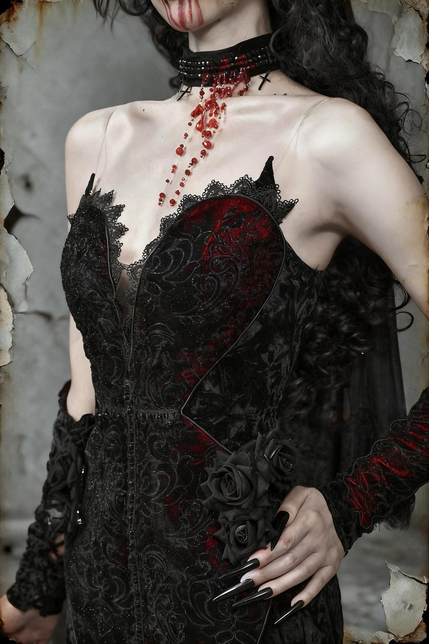 Scarlet Witch Gothic Mermaid Dress | Black Velvet Corset Gown, Dark Red Lace Evening Dress, Holiday Vampire Ball Outfit