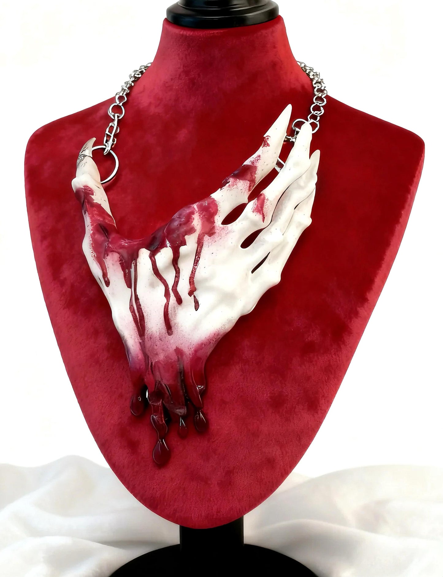 Gothic Skeleton Hand Necklace – 3D Printed Resin Statement Choker with Alloy Chain, Dripping Blood White or Black, Horror Art Jewelry, Rave