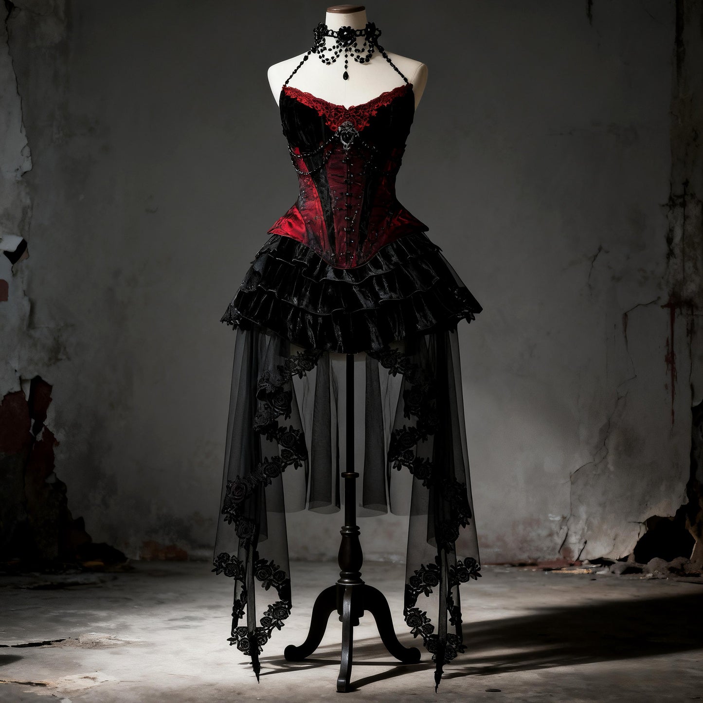 Countess of Dracula Gothic Corset Dress with Choker, Red Velvet Lace Vampire Costume, Victorian Gothic Corset Top & Layered Mesh Skirt