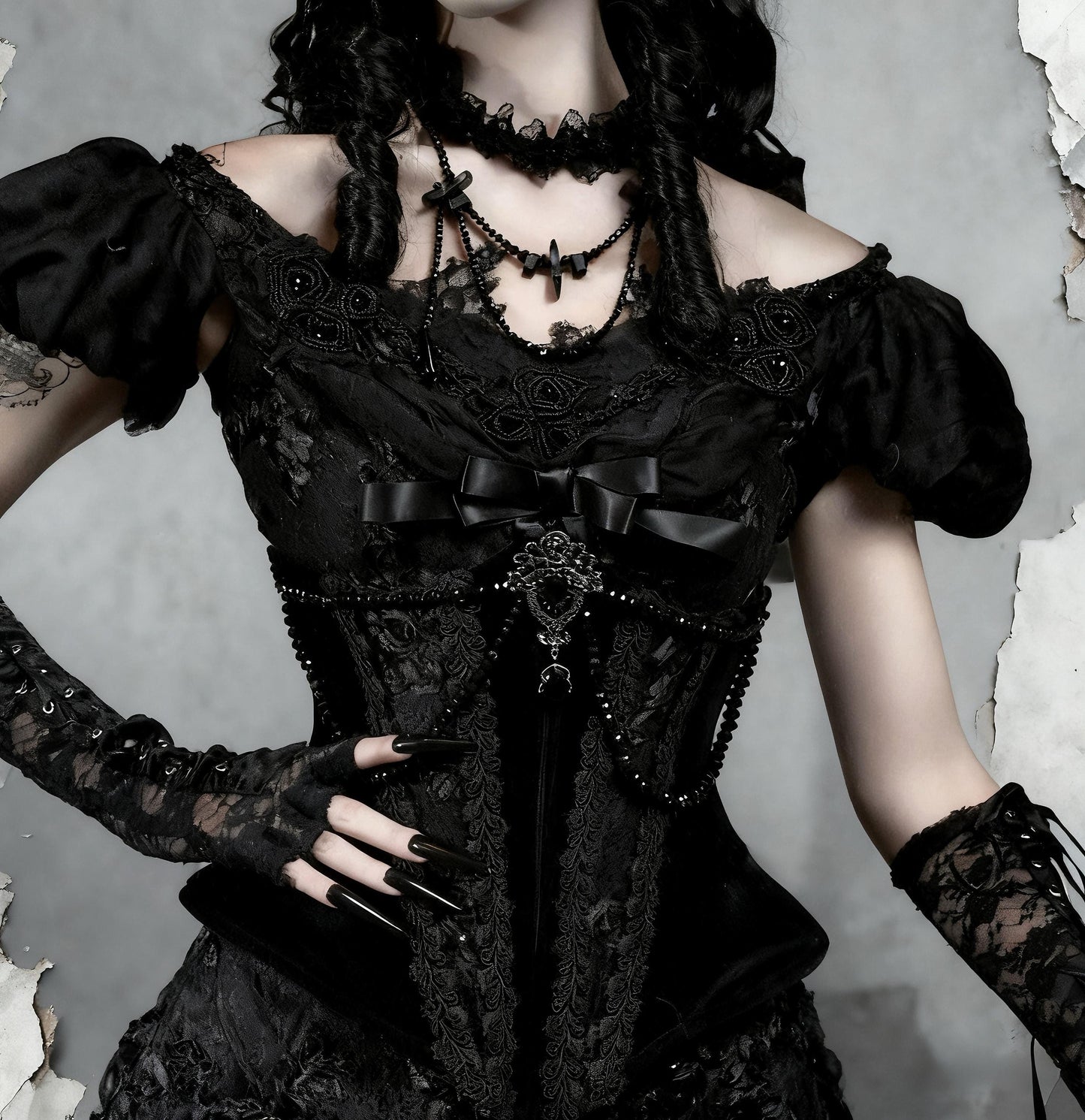 Midnight Empress Gothic 4-Piece Set | Victorian Vampire Corset Dress with Lace Top, Boned Waist Cincher, Hoop Skirt & Bustle Underskirt