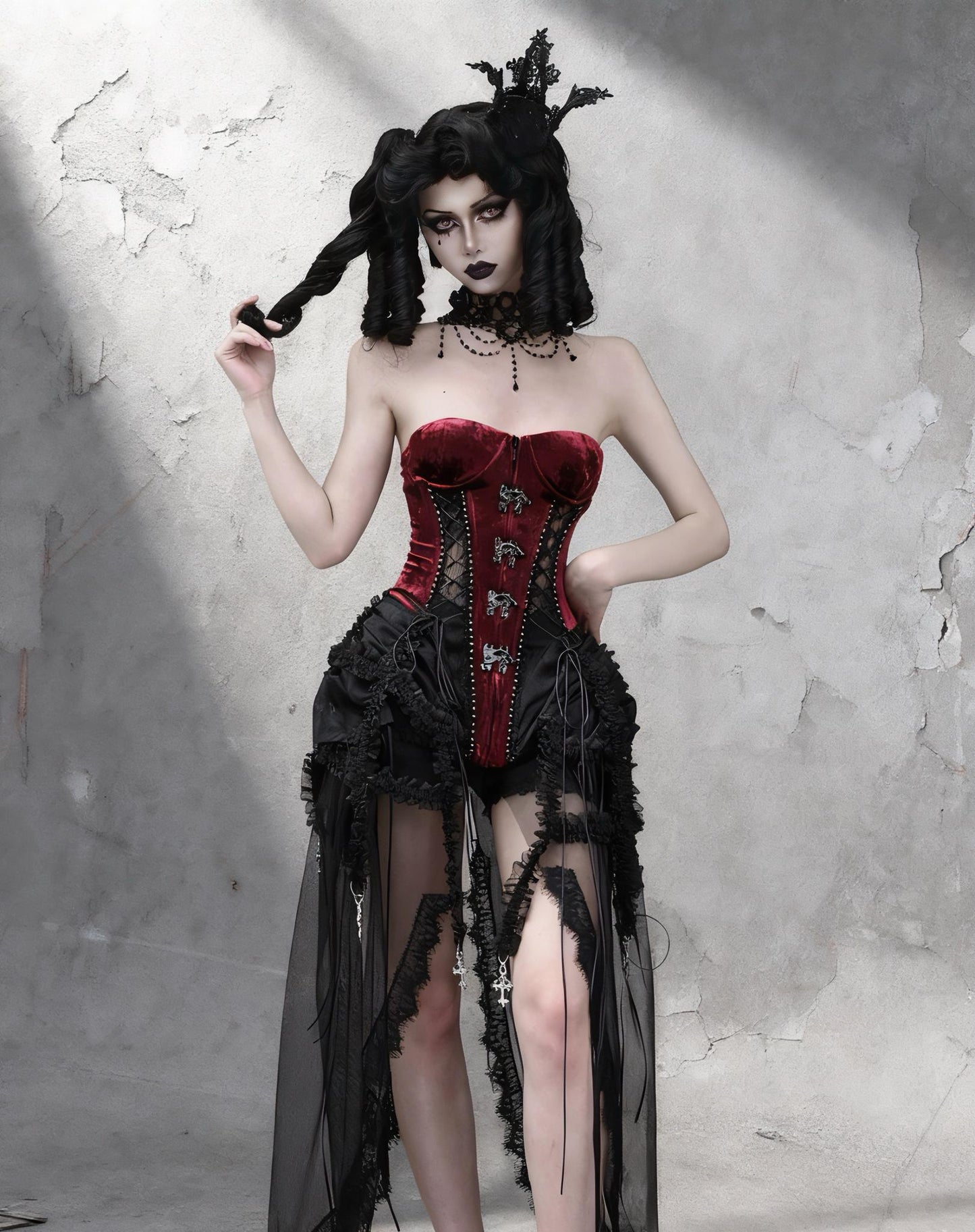 Xmas Countess Gothic Corset 3 Pieces Set, Red Velvet and Black Lace Cage Skirt, Medieval Gothic Bustier with Cross Charms & Baroque Hooks