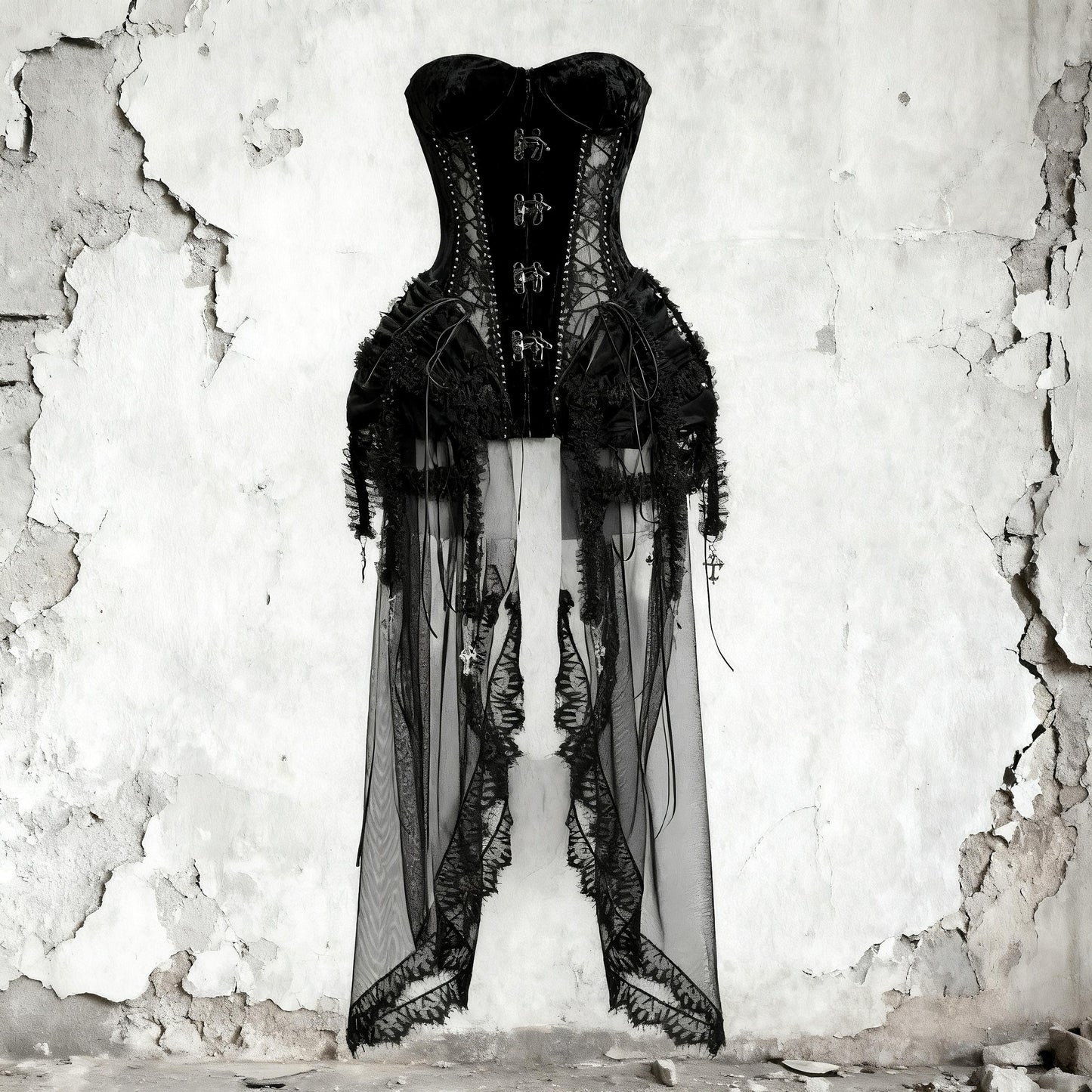 Hell Alice Gothic Corset 3 Pieces Set – Medieval Dark Angel Cage Skirt Burlesque Party Costume, Gift for Cosplayer, The Black Countess, Xmas