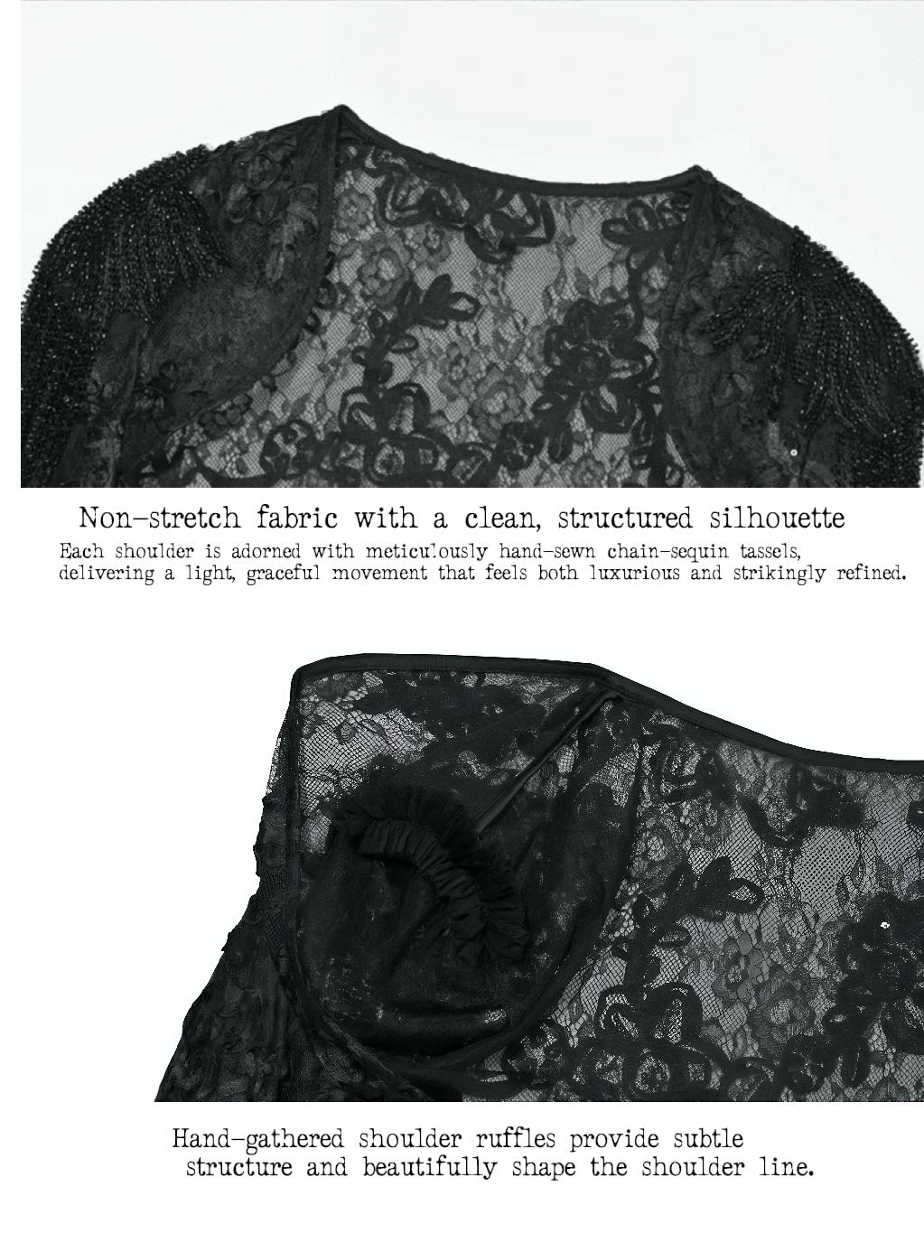 Dark Oracle Lace Bolero, Gothic Bell-Sleeve Shrug, Beaded Embroidered Capelet, Victorian Vampire Shawl, Christmas & New Year Party Cover-Up