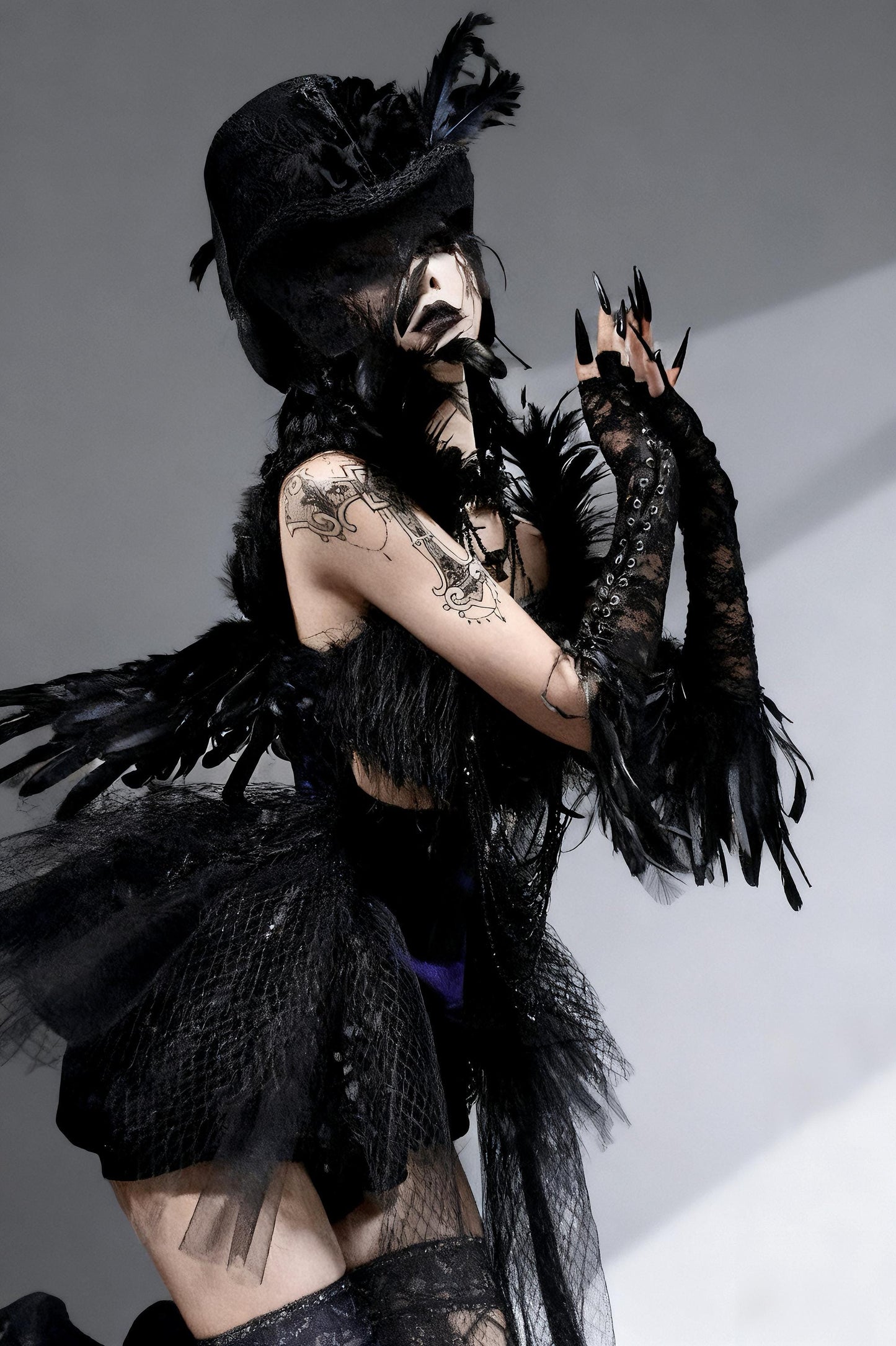 Dark Swan Gothic Feather Tutu Corset Dress with Detachable Beaded Necklace, Black Feather Ballet Dress, Couture Mini Dress